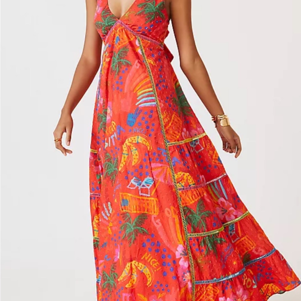 FARM Rio Orange Red Ruffled Tiered Maxi Sundress